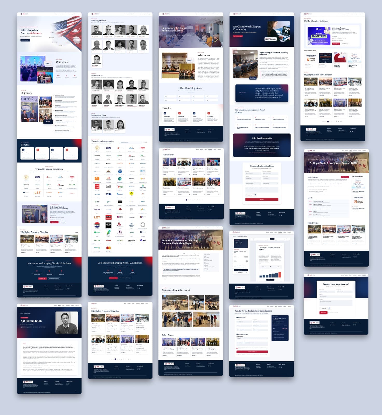 American Chamber of Commerce Nepal website designs showing the homepage, member directory, events, publications, diaspora community, profiles, and registration forms