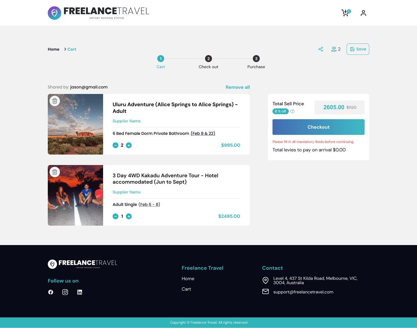 Freelance Travel trip cart and pricing